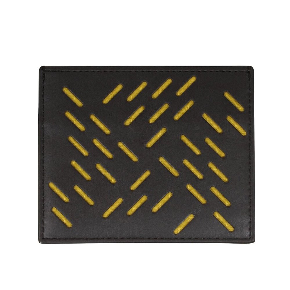 Bottega Veneta Mens Card Holder Brown Leather Yellow I.D Wallet Holder 3 Slot